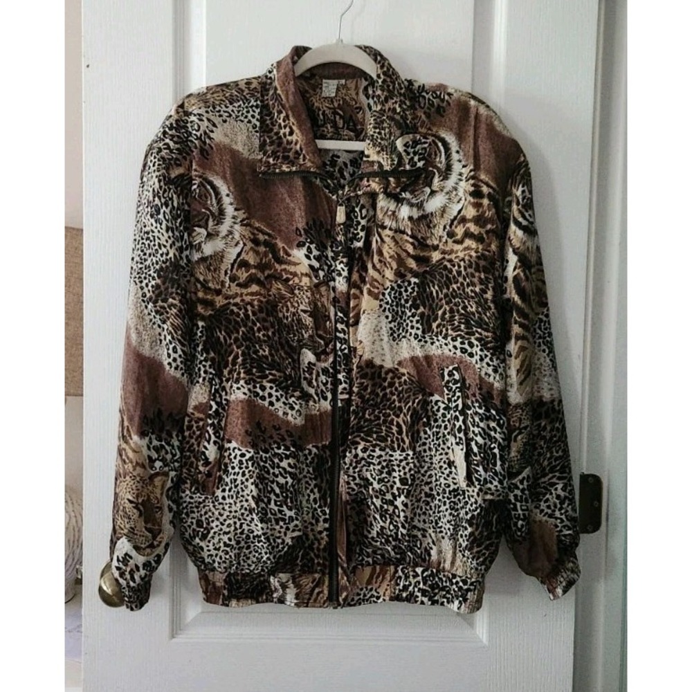 Vintage Fuda International Womens 100% Silk Bomber‎ Jacket Animal Print Size XL